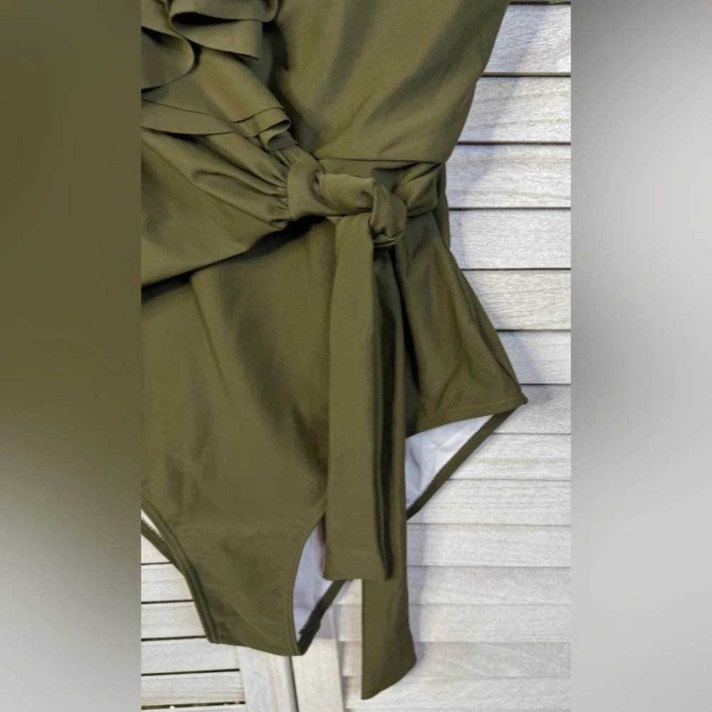 Olive Green Ruffle One Piece Swimsuit Size Large Tummy Control Beach Chic